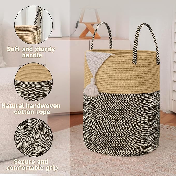 Large Woven Laundry Basket Hamper,100L Cotton Rope Storage Bin for Blankets,Toys and Clothes,Decorative Tall Nursery Hamper for Living Room,Baby Nursery,Bathroom and Bedroom,Brown and Black
