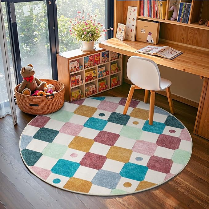 jinchan Round Rug 5ft Kids Washable Rug Indoor Floor Cover Non-Slip Soft Elementary School Classroom Modern Colorful Diamond Carpet for Nursery Daycare Bedroom Playroom Living Room Confetti on Cream