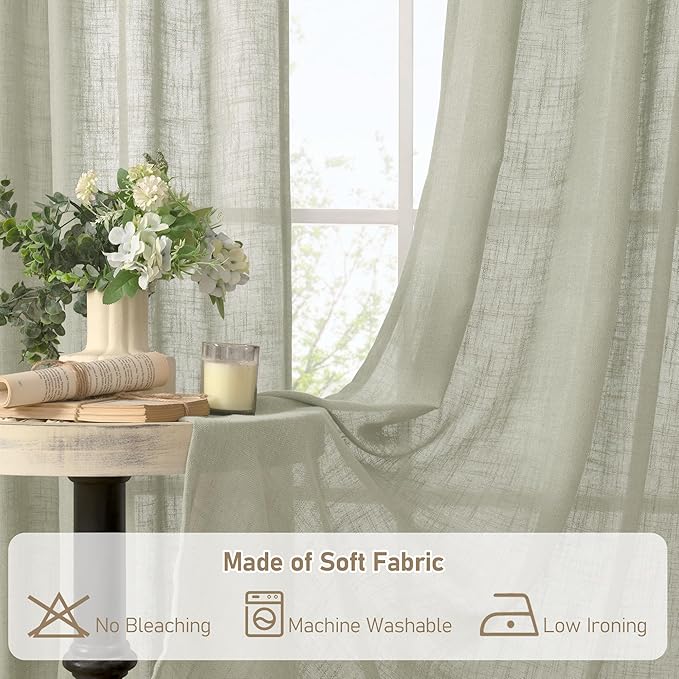 LAMIT 95 Inches Long Sheer Linen Curtains for Living Room 2 Panels, Light Filtering Country Rustic Drapes Farmhouse Window Treatment with Bronze Grommet for Bedroom, Sage Grey, 52 x 95 Inch