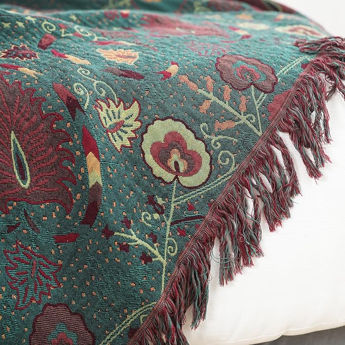 MSGKV Cotton Bed Blanket for Couch and Sofa Blankets for Living Room Bedroom Reversable Florals Throw 90"x98" Breathable Cozy Boho Blankets