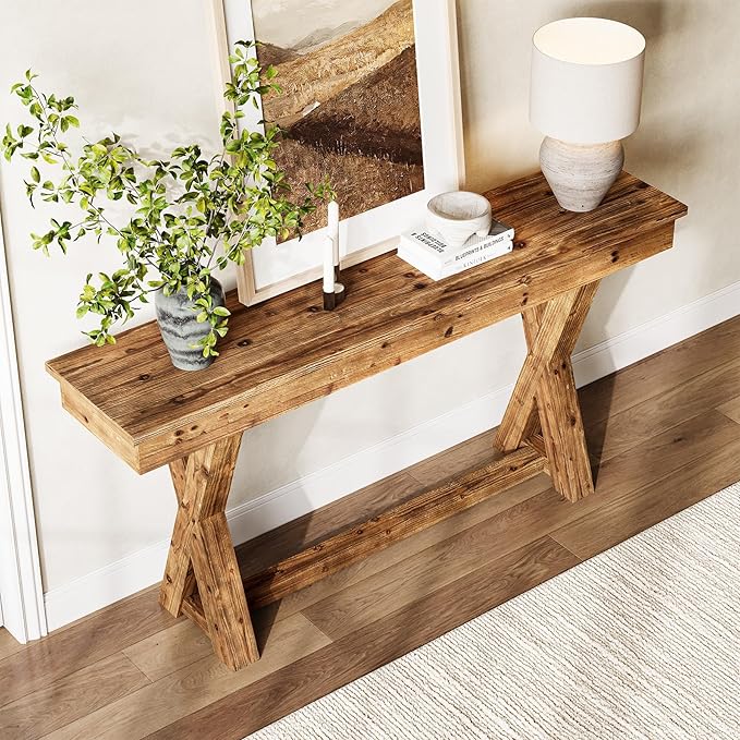 Solid Wood Console Table, 63-Inch Farmhouse Entryway Table with X-Shaped Legs, Real Wood Behind The Couch Table for Living Room, Entrance, Hallway, Easy Assembly