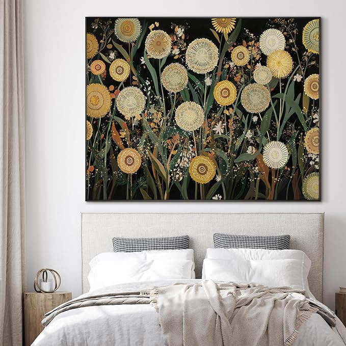 SIGNWIN 36"x46" Extra Large Framed Wall Art Whimsical Dandelion Field in Yellow and Green, Playful Botanical Print for Home Living Room Bedroom Decor (Frame Assembly Required)