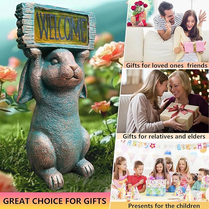 Rabbit Solar Welcome Garden Statues Outdoor Décor-Rabbit Figurines Solar LED Light Lawn Ornaments - Yard Decorations for Patio, Balcony, Backyard -Unique House Warming Gifts for Mom
