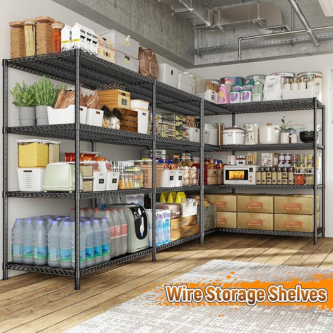 REIBII 81.5''W Storage Shelves 3680LBS Garage Shelving Heavy Duty 4 Tier Metal Shelving Unit Adjustable Wire Shelf and Storage Pantry Shelves for Kitchen Garage,81.5Wx23.62Dx70.86H,Black