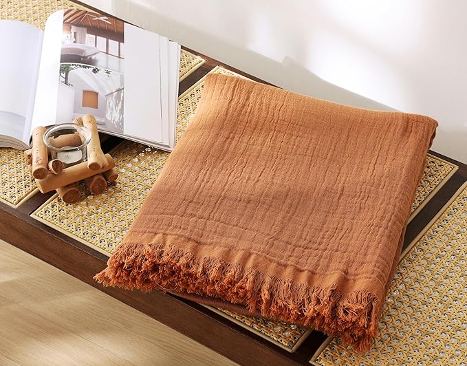 100% Cotton Muslin Throw Blanket for Bed, Couch, Travel, Luxuriously Soft, Pre-Washed, Breathable and Lightweight Gauze Blanket with Tassels, Suitable for All Seasons, Rust, 50"x60"