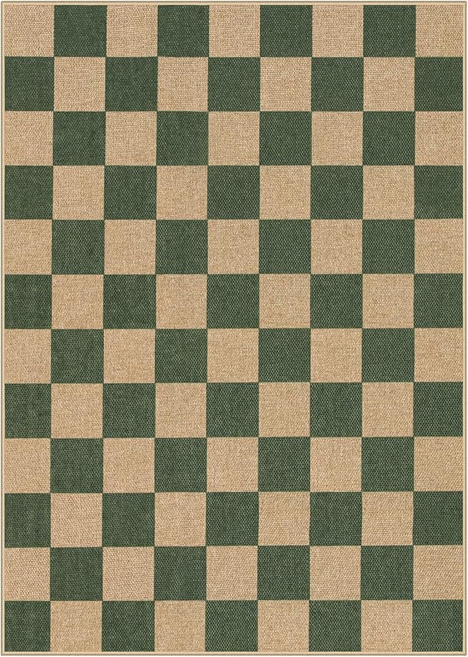 Lahome Checkered Easy Jute Dining Room Rug, 5x7 Indoor Outdoor Rugs for Patio Living Room, Neutral Checkerboard Non Slip Low Pile Green Carpet for Bedroom Office Backyard