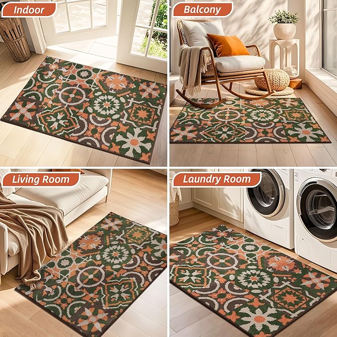 BEQHAUSE Dirt Trapper Door Mat 20" x 32", Non-Slip Entryway Rugs Washable, Floor Mat Stain Resistant and Absorbent Welcome Mat for Front Back Door, Muddy Wet Shoes & Paws, Boho Geometric Floral