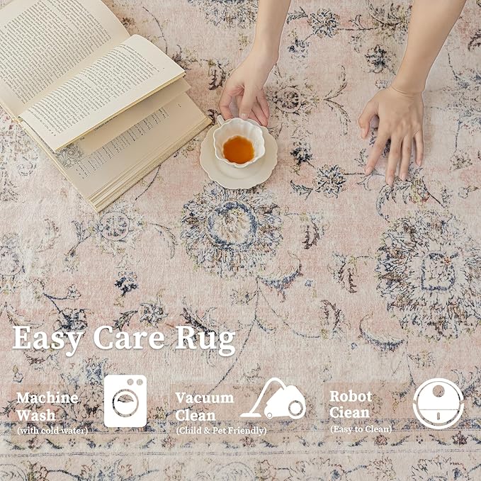 4'x4' Vintage Floral Rug - Persian Inspired Low-Pile Faux Wool Area Rug, Non-Slip Washable Round Rug for Bedroom, Nursery, Dorm, Soft Pink Boho Chic Decor