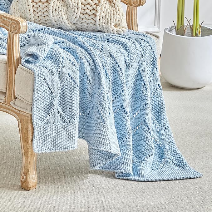 Longhui bedding Chunky Cotton Knit Throw Blanket for Couch, Sofa, Bed, or Chair, Decorative Breathable Fall Cable Knit Blanket 51 x 63 Inches, Light Blue