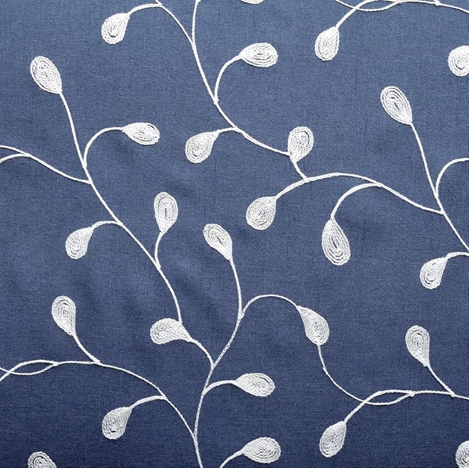 MIUCO Floral Embroidered Semi Sheer Curtains Faux Linen Grommet Curtains for Bedroom 52 x 84 Inch 2 Panels, Navy Blue