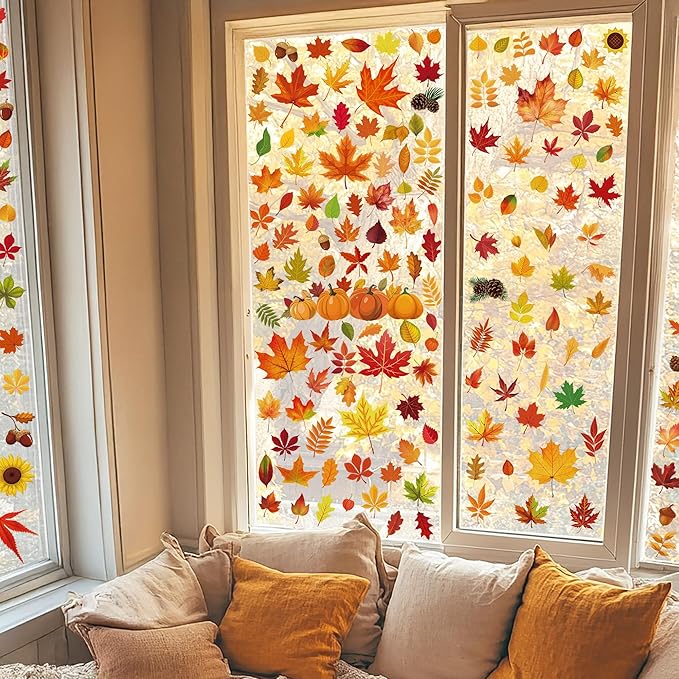 9 Sheets Fall Decorations, 274 PCS Fall Window Clings, Double Sided Autumn Stickers with Maple Leaves Pumpkin Nuts, Autumn Window Clings for Party Thanksgiving Decor Indoor Outdoor Accessories
