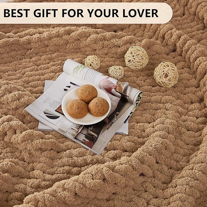 L'AGRATY Chunky Knit Blanket Throw: 80''x90'' Chenille Chunky Knitted Throw Blankets for Bed Couch - Handmade Thick Big Cable Knit Blanket - Large Crochet Rope Blankets for Home Decor(Tan)