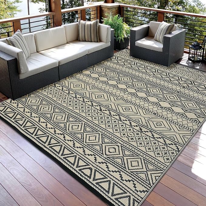 GAOMON Outdoor Rug for Patio Clearance 5x8 Reversible Plastic Straw Patio Rug for Camping Stain & UV Resistant RV Mats for Porch, Deck, Backyard, Camper, Balcony, Picnic, Black&Brown