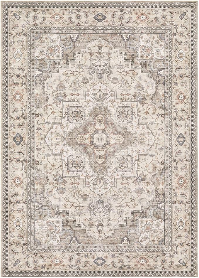 Washable Area Rugs for Living Room - 9x12 Neutral Vintage Distressed Floral Farmhouse Boho Large Soft Floor Rug Indoor Non Slip Carpet for Bedroom Dining Room Office - Brown/Multi