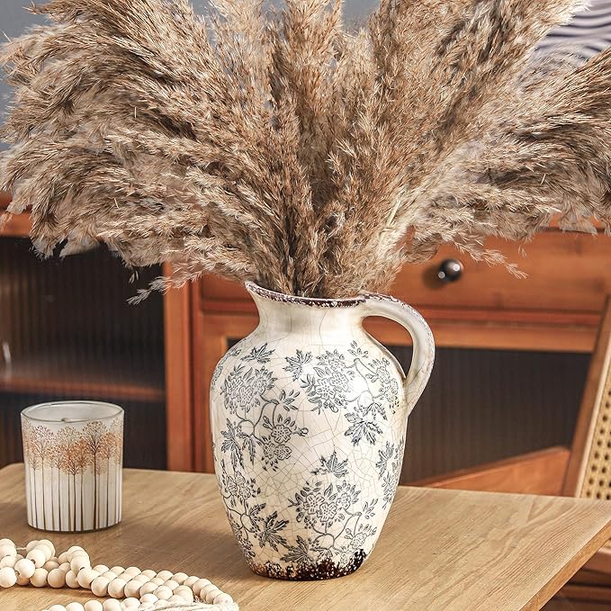 Enra Vintage vase with Handle,Blue and White Ceramic Decorative Flower vase, Chinoiserie Floral Vase,Large Rustic Vases for Home Decors, Living Room, Bookshelf, Office,9.7 inch