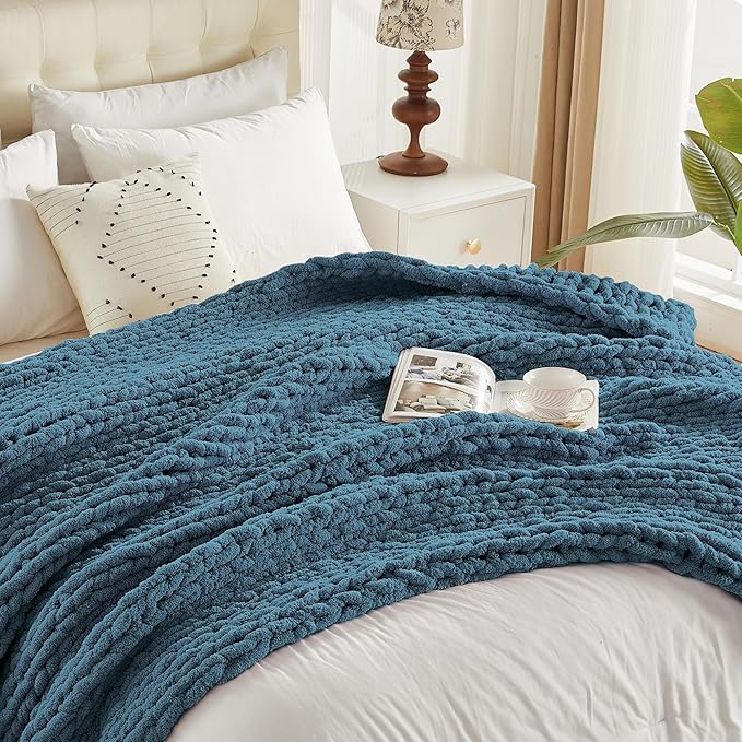 Carriediosa Chunky Knit Throw Blanket 50" X 60", 100% Hand Made Large Chenille Loop Yarn Soft Fluffy Throws for Couch Sofa Bed, Big Crochet Cozy Heavy Thick Cable Woven Blankets, Lyons Blue