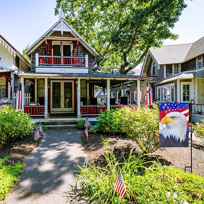 TOPFLAGS Garden Flag Stand with American Garden Flags Patriotic Stars and Eagle Yard Flag 12x18 Inch Holder Pole Stake Double Side for Outside with Clips and Stopper