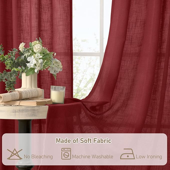 LAMIT Red Linen Curtains 40 Inches Long for Kitchen, Semi Sheer Light Filtering Panels Bronze Grommet Christmas Decor Drapes for Small Windows/Bathroom, 2 Panels Set, Burgundy Red, 34 x 40 Inch