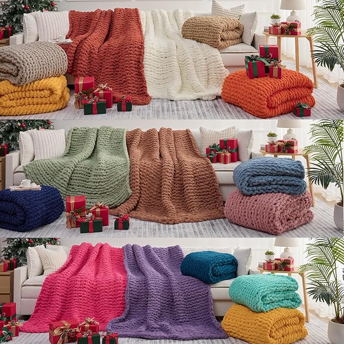 L'AGRATY Chunky Knit Blanket Throw - Soft Chenille Yarn Throw Blanket 60x80: Handmade Thick Cable Knit Crochet Blanket - Large Knit Blanket Chunky Rope Knot Throw Blanket for Couch Sofa Bed Home Decor