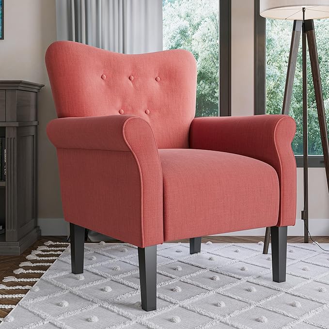 BELLEZE Modern Accent Chair for Living Room, High Back Armchair with Wooden Legs, Upholstered Wingback Side Chair Padded Armrest Single Sofa Club Chair for Living Room, Bedroom - Allston (Brick)