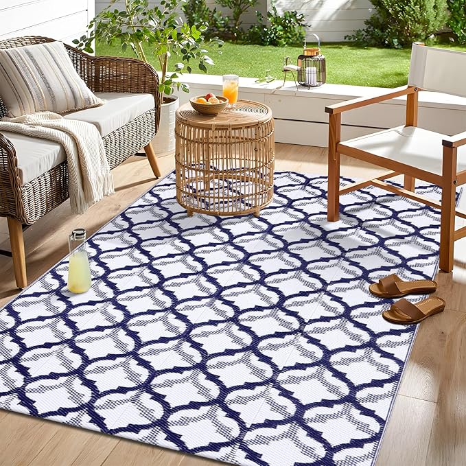 OLANLY Reversible Outdoor Rug 5x8 ft Clearance, Waterproof Outdoor Plastic Straw Rug with Interlacing Pattern, RV Mat for Patio, Camping, Balcony, Deck, Backyard, Navy & White