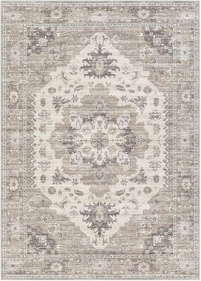 Washable Area Rugs for Living Room - 7x9 Neutral Vintage Distressed Floral Farmhouse Boho Large Soft Floor Rug Indoor Non Slip Carpet for Living Room Bedroom Dining Room Office -Brown/Beige