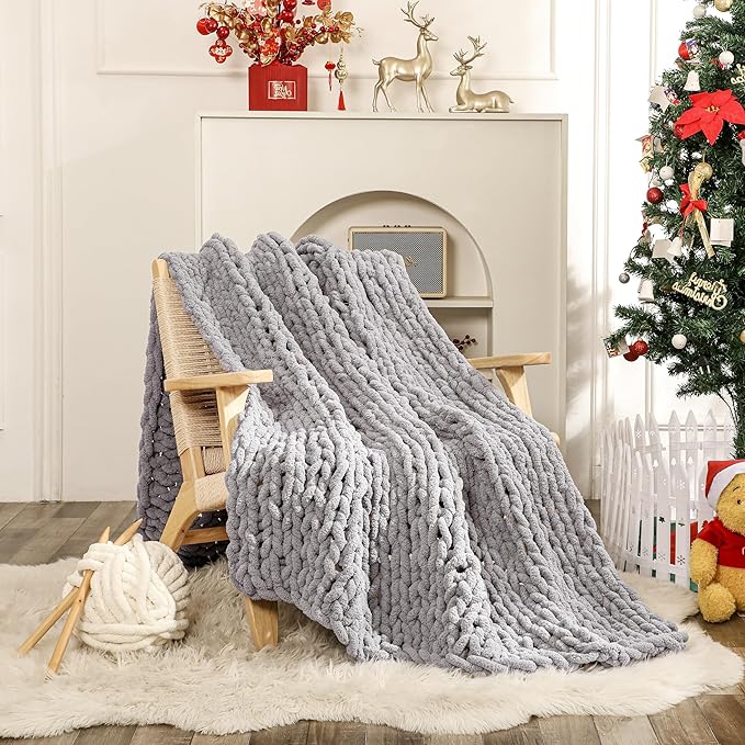 WESHIONGOO Chunky Knit Blanket Throw 50"×60" Knitted Throw Blankets for Couch Bed Fluffy Soft Blanket with Jumbo Chenille Yarn Thick 100% Handmade (Lingt Grey)