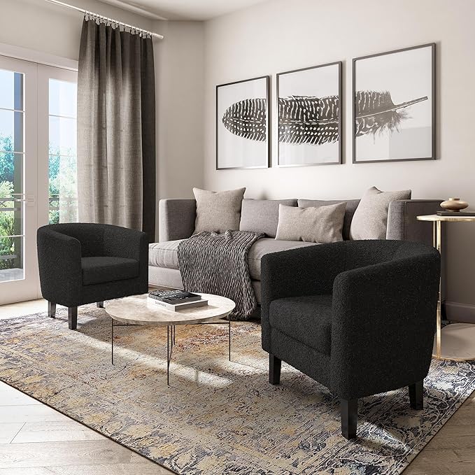 BELLEZE Living Room Chairs Set of 2, Teddy Polyester Accent Barrel Chairs, Club Tub Sofa Chairs for Bedroom, Corner Chairs with Flared Legs and Cozy Soft Padding - Highland (Teddy Black)