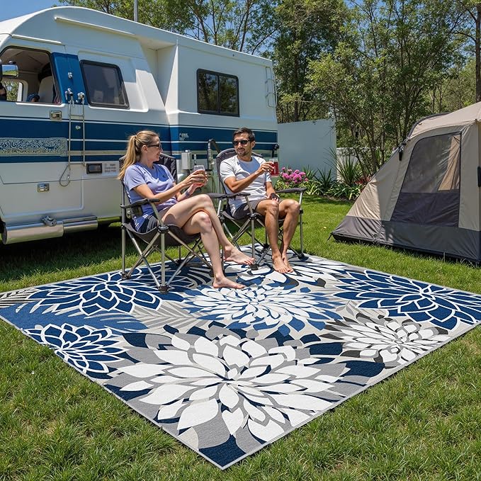 Indoor Outdoor Area Rug Washable Multicolored Patio Rug Tropical Botanical Modern Floral Indoor Outdoor Carpet Blue White Rug Non Slip for Patio, Deck, Backyard, Porch (8x10)