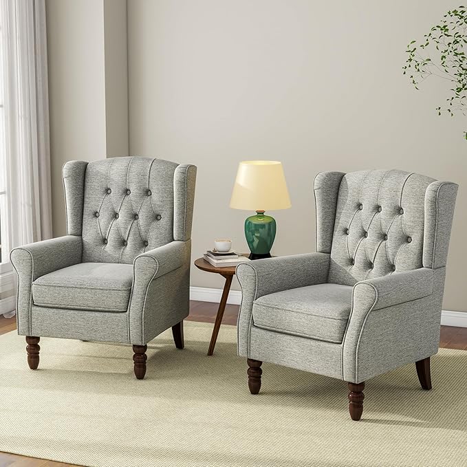 Accent Chair, Upholstered Armchair with Button Tufted High Back & Solid Wood Legs, Comfy Wingback Reading Single Sofa Chair for Small Spaces, Living Room, Bedroom (Light Grey, Set of 2)