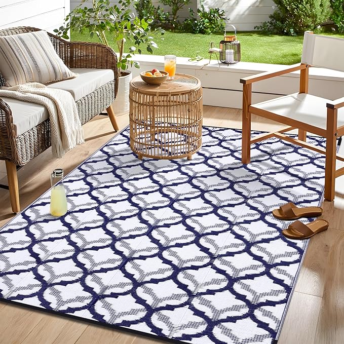 OLANLY Reversible Outdoor Rug 6x9 ft Clearance, Waterproof Outdoor Plastic Straw Rug with Interlacing Pattern, RV Mat for Patio, Camping, Balcony, Deck, Backyard, Navy & White