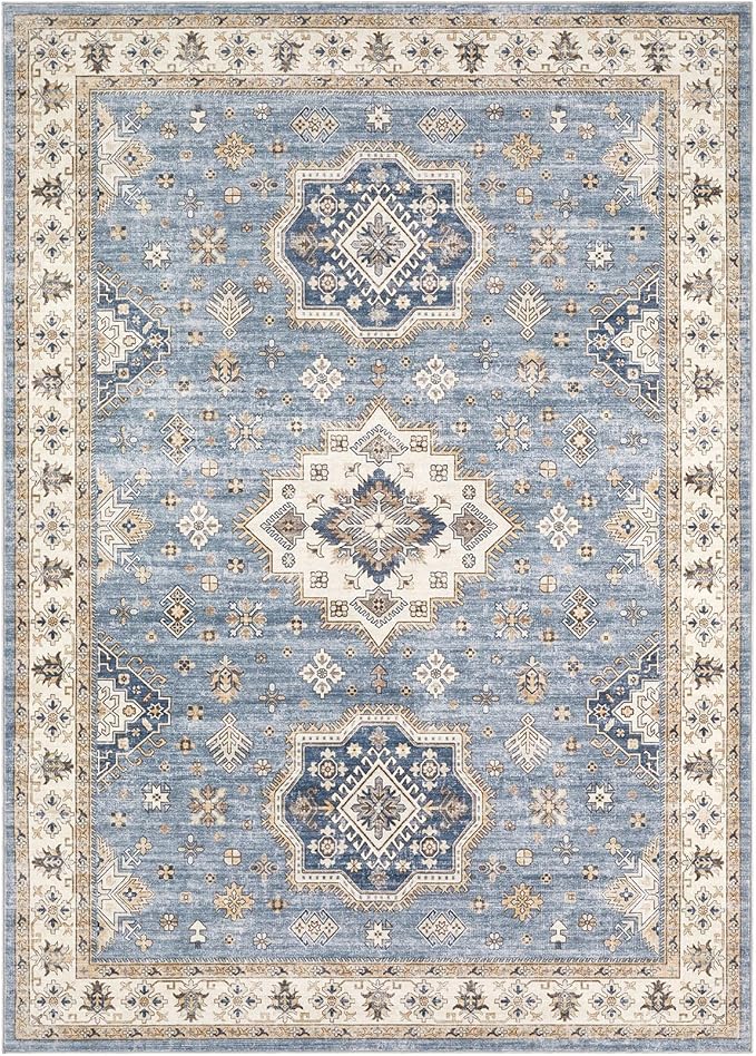 Washable Area Rugs for Living Room - 5x7 Neutral Vintage Distressed Floral Farmhouse Boho Large Soft Floor Rug Indoor Non Slip Carpet for Living Room Bedroom Dining Room Office - Blue