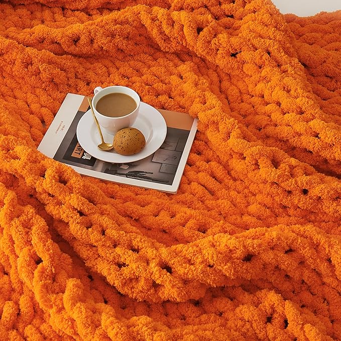 L'AGRATY Chunky Knit Blanket Throw: 80''x90'' Chenille Chunky Knitted Throw Blanket for Bed Couch - Handmade Thick Big Cable Knit Blanket - Large Chunky Crochet Rope Blanket for Home Decor(Orange)