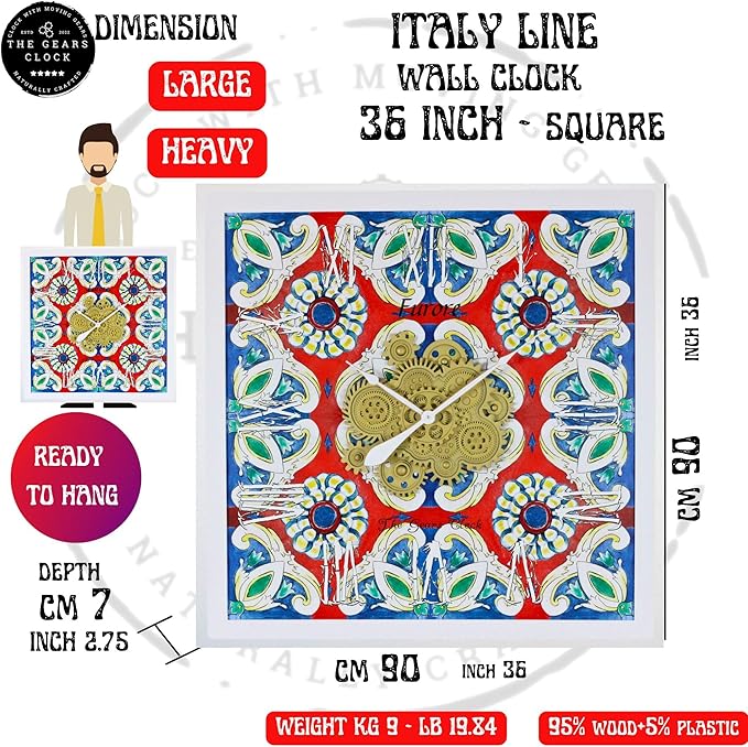 The Gears Clock Wall Clock Italy Collection with Moving Gears (Atrani, 36 inch Square)
