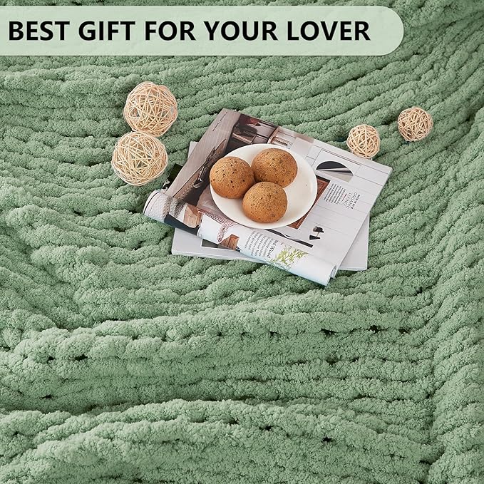 L'AGRATY Chunky Knit Blanket Throw: 80''x90'' Chenille Chunky Knitted Throw Blanket for Bed Couch - Handmade Thick Big Cable Knit Blanket - Large Chunky Crochet Blanket for Home Decor(Sage Green)