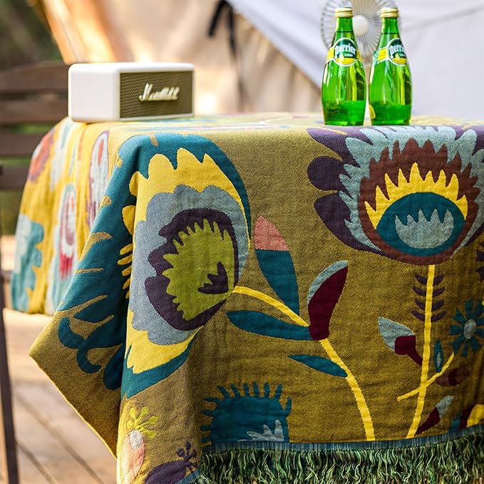 Snycler Boho Throw Blanket for Bed, 100% Organic Cotton Muslin Soft Throw-Yellow Boho Floral Farmhouse Rustic Spring Summer Fall Decor Blanket for Couch Sofa Quilt and Gift, 80" x 90"