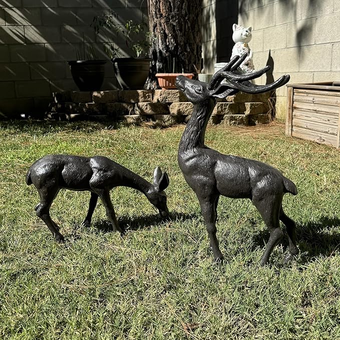 Elegant Pair of Cast Iron Deer Sculptures -22" and 11.4" Tall Male and Female Set for Outdoor Garden Decor, Realistic Animal Statues HC3672-5691