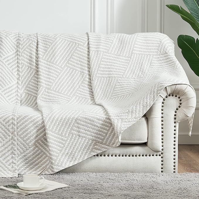 jinchan Boho 100% Cotton Blanket Muslin Twin Size 60x80 Inches Lightweight 3-Layer Geometric Square Pattern Reversible Quilt Throw Soft Breathable Comfy All Seasons for Couch Bed Decor, Light Grey