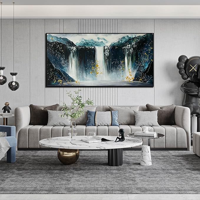 Waterfall Hand Painted Wall Art for Living Room - Mountains Wall Art for Office Decor - Landscape Big Wall Art for Living Room Size 29" x 59"