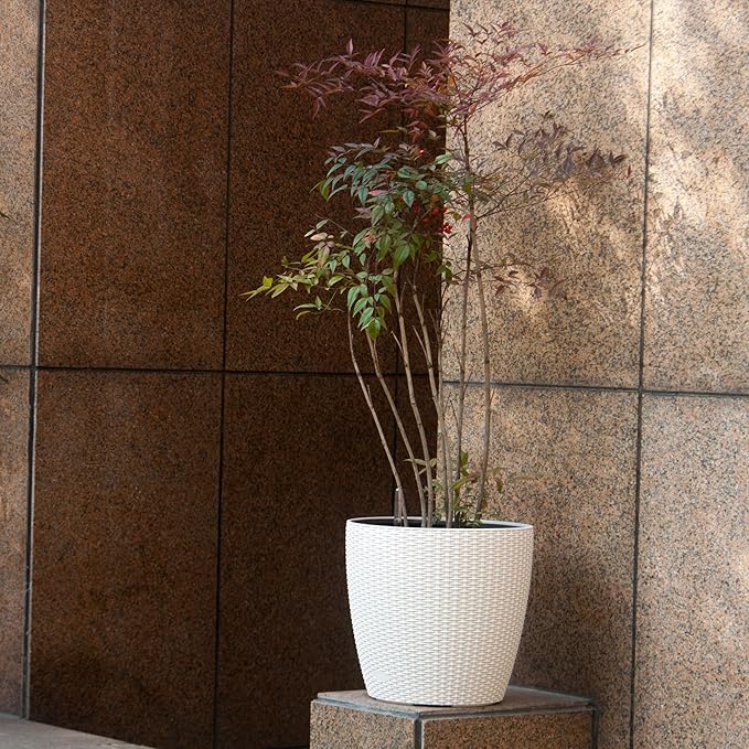 Dexceder 15x14 Rattan Self Watering Planter with Wheels Indoor Outdoor, Inner Pot Design, Thickened Large Floor Standing Flower Plant Pot with Water Level Indicator (Ivory White)