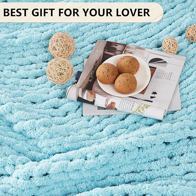 L'AGRATY Chunky Knit Throw: 80''x90'' Chenille Blanket for Bed Couch - Handmade Thick Big Cable Knit - Large Crochet Throw for Home Decor (Light Blue)