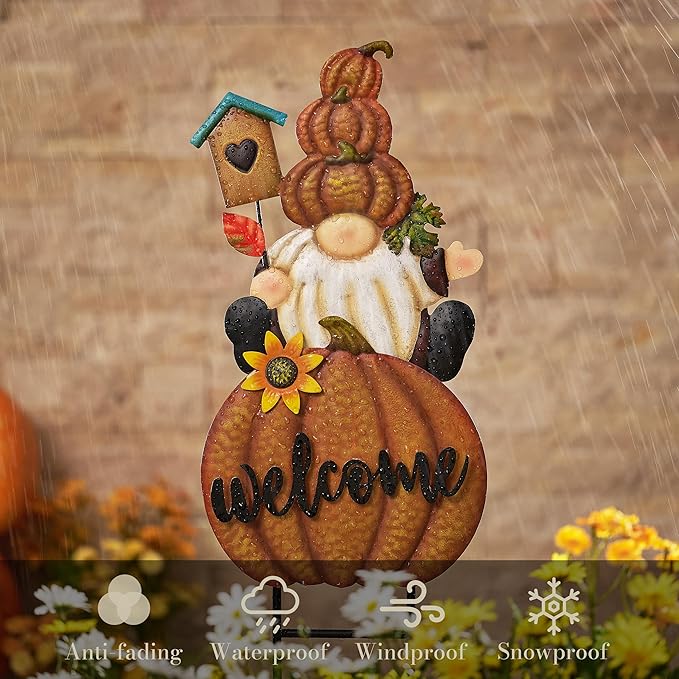TERESA'S COLLECTIONS Fall Gnome Pumpkin Decorations for Outdoor Home, Metal Fall Decor Welcome Signs Stakes, Orange Autumn Yard Decor for Thanksgiving, Harvest Garden Patio Gift for Mom 25"