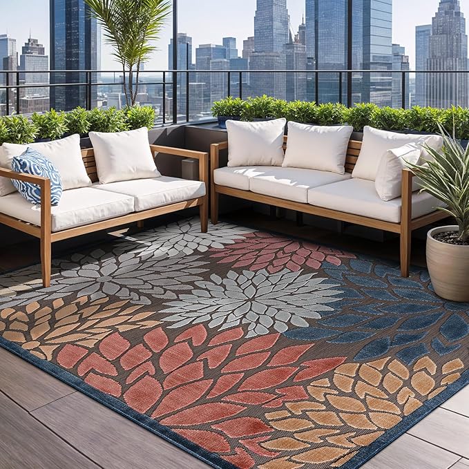 Beverly Rug Outdoor Rug 8x10 Modern Floral Tropical Area Rugs for Indoor and Outdoor Patio Easy to Clean Non Shedding Living Room Porch Garden Washable Outside Carpet (8 x 10 Brown)