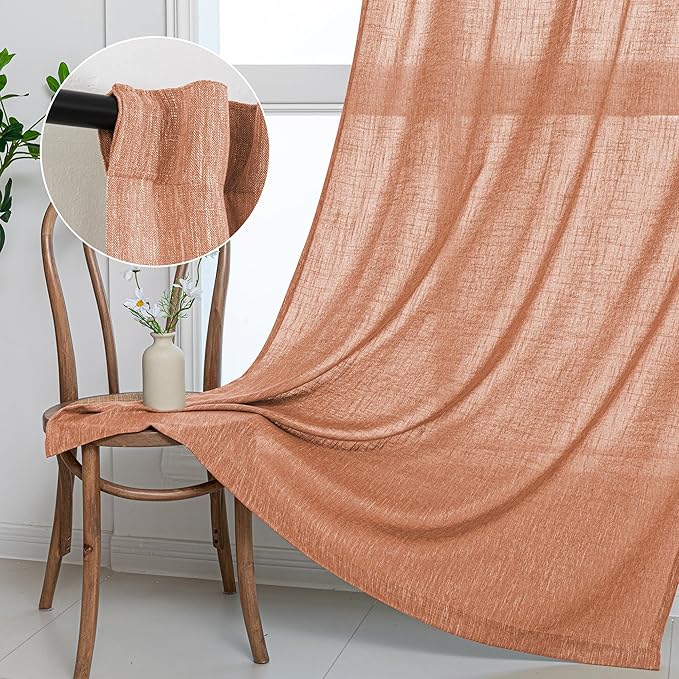 MYSKY HOME Orange Curtains for Bedroom, Short Curtains for Small Window, Boho Semi Sheer 2 Panel Set, Linen Style Texture for Closet/Kitchen, 50"x63", Burnt Orange