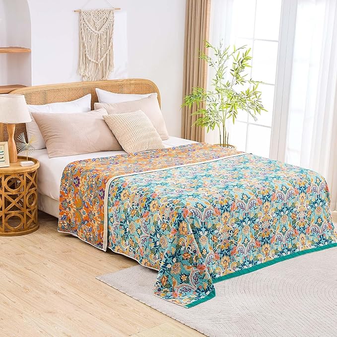 Boho Blanket Throw Quilt, 100% Cotton Soft Light Weight Throw Blankets for Summer, 60"x80" Farmhouse Flower Decorative Blankets, All Season Rustic Reversible Bohemian Throw Quilt