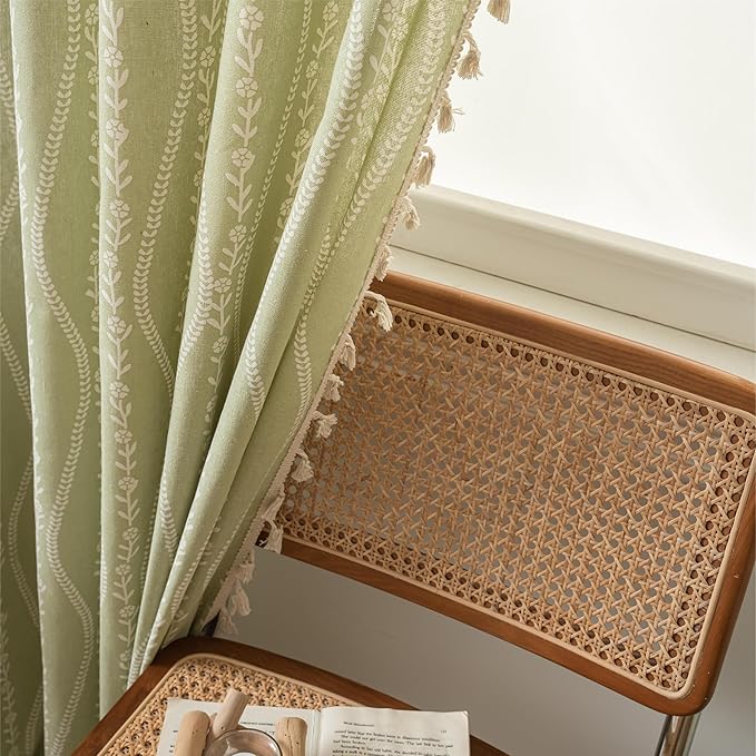 Sutuo Home Green Boho Curtains 84 Inches Long for Bedroom Living Room Dining Room, Bohemian Stripe Floral Vintage Tassels Window Treatment Drape for Easter Decor Rod Pocket, 1 Panel 59" W x 84" L