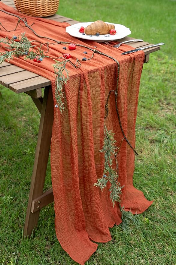 Keketo Fall Table Runner Terracotta Rust Gauze 120 Inch 10 FT Rustic Burnt Orange Cheese Cloth for Wedding Baby Bridal Shower Party Centerpiece Sheer Thanksgiving Fall Decorations for Home