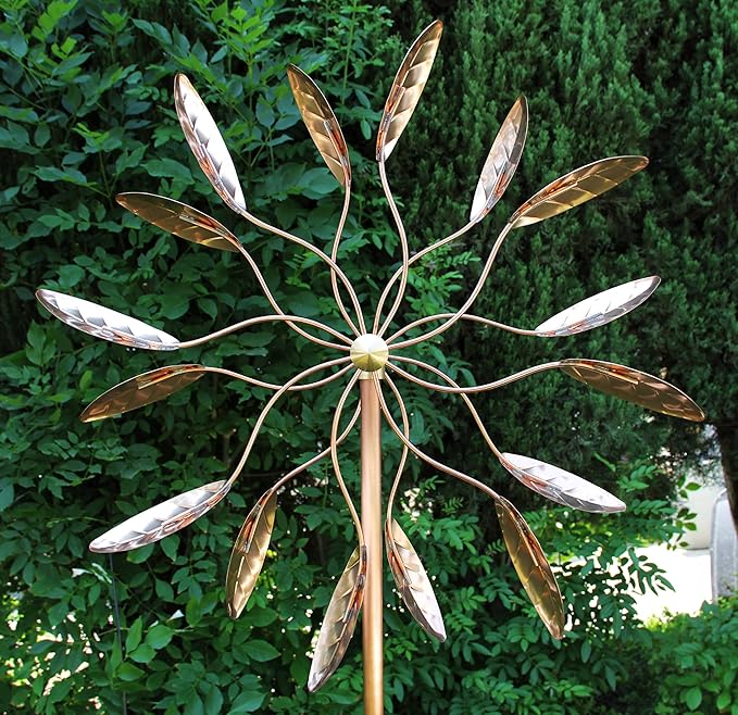 Stanwood Wind Sculpture Kinetic Copper Wind Sculpture, Dual Spinner Spinning Ficus Leaves