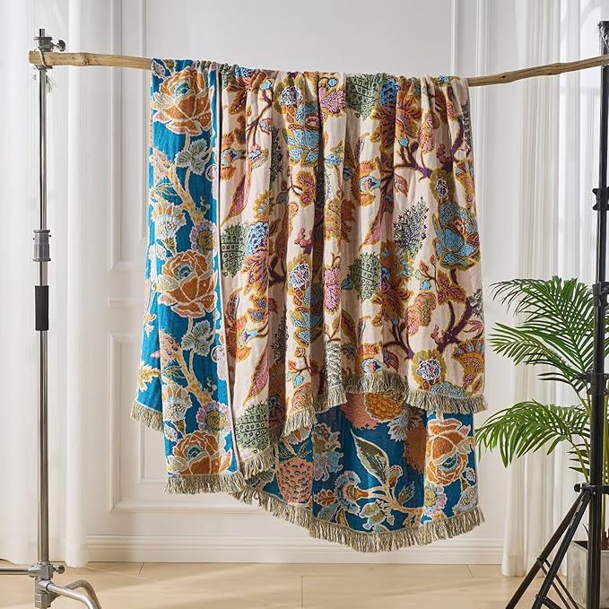 Boho Throw Blanket for Bed, Sofa,Cozy Lightweight Fall Blanket,100% Cotton Southwestern Farmhouse Floral Decor, Reversible Rustic Blanket, Chair, Picnic Throw Blanket,50"x60"