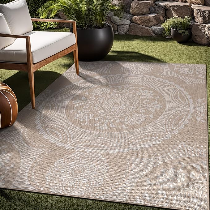 Medallion Outdoor Rug 8x10 Washable Outside Carpet for Indoor Patio Porch Waterproof Easy Cleaning Non Shedding Area Rugs Beige 8 x 10